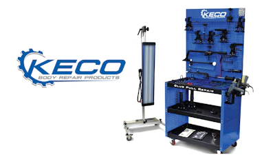 KECO Body Repair Products logo with blue gear symbol and display stand featuring tools and equipment