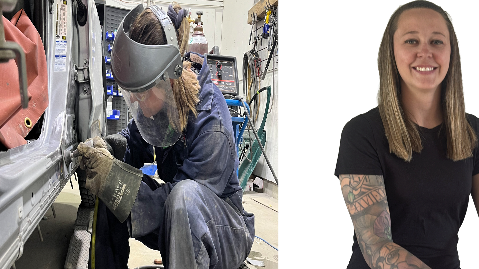 Professional composite showing industrial worker in protective gear on left and smiling woman in black shirt on right