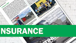 Insurance section header on magazine page with green banner and publication photos