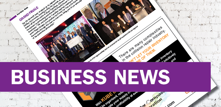 Business News newsletter page with purple header banner, team photos, and article text on white background