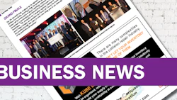 Business News newsletter page with purple header banner, team photos, and article text on white background