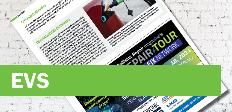 EVS banner header on multi-page document layout with industry content and event information