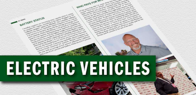 Magazine spread featuring electric vehicles article with green headline banner, text columns, and photographs of people and a red car