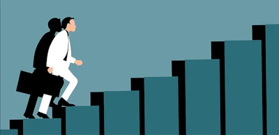 Businessman climbing ascending steps representing career growth and business success