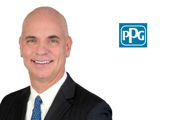 Professional headshot of smiling businessman in dark suit with blue tie, alongside PPG Industries logo