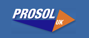 Prosol UK logo featuring white text with orange arrow symbol on blue background