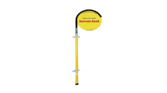 Yellow high-voltage rescue hook safety tool with black curved hook and metal shaft