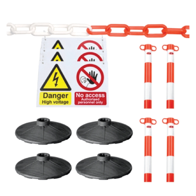 Safety barrier kit with red and white chain, black bases, warning signs, and high-voltage danger labels
