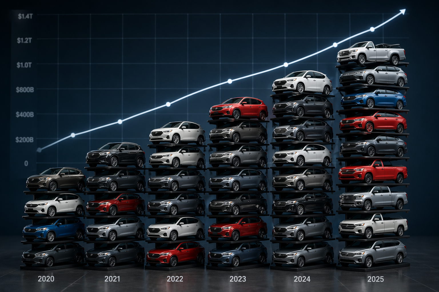 Vehicle sales growth chart showing increasing inventory from 2020 to 2025 with upward trend line
