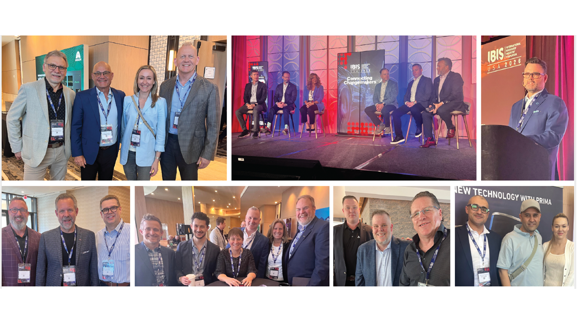 Professionals networking at a business conference with multiple group photos showing attendees with lanyards at various event locations.