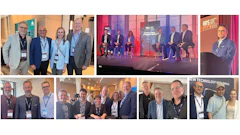 Professionals networking at a business conference with multiple group photos showing attendees with lanyards at various event locations.