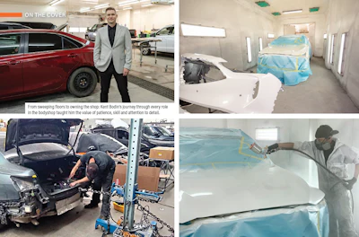 Auto body shop owner Kent Bodlin poses with red vehicle; panels show spray booth, car restoration work, and paint finishing processes