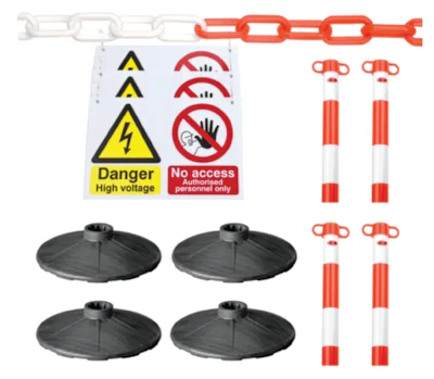 Safety barrier kit with red and white chain, warning signs, black bollard bases, and reflective posts for crowd control