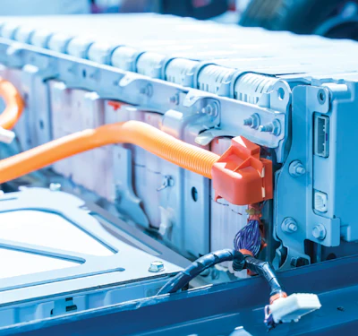Electrical panel with orange and blue wiring, red safety connector, and circuit breaker components installed on industrial equipment