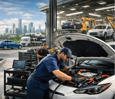 Technician servicing electric vehicle engine in modern automotive repair facility with city skyline view