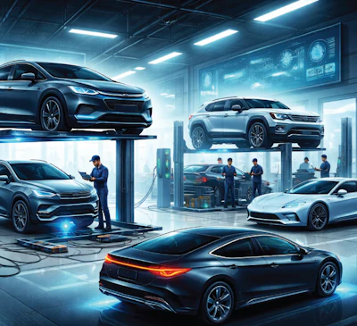 Modern electric vehicle service facility with technicians maintaining multiple cars on hydraulic lifts in a contemporary showroom.