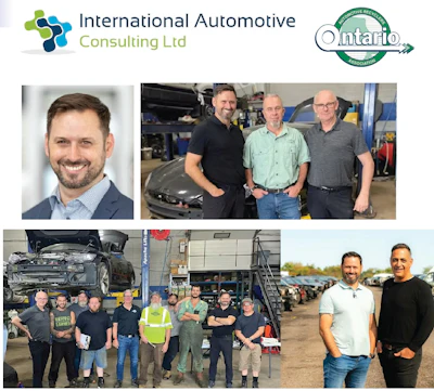 International Automotive Consulting Ltd and Ontario Automotive Recyclers Association logos with team photos from automotive facility