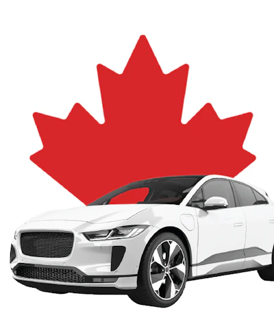 White Jaguar I-PACE electric vehicle displayed against a red Canadian maple leaf background