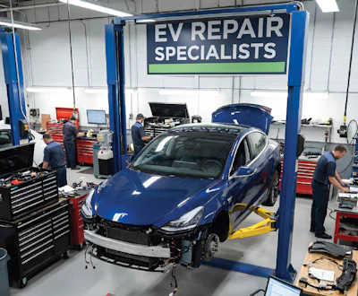 Professional EV repair shop with blue lift and technicians working on electric vehicle maintenance