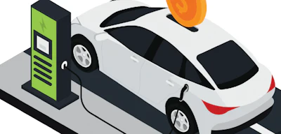 White electric car charging at green station with sun in background