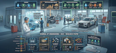 Automotive service facility infographic showing multiple car maintenance stations with workers, equipment, and operational data dashboards.