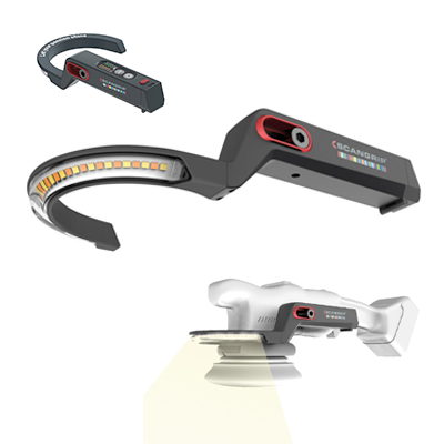 Three portable LED work lights with adjustable heads and black bodies featuring red accents