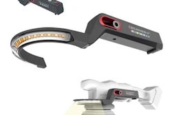 Three portable LED work lights with adjustable heads and black bodies featuring red accents