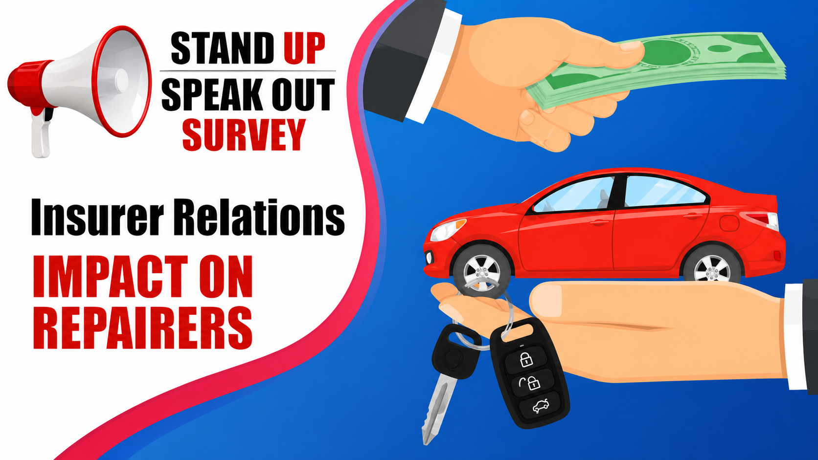 Survey infographic about insurer relations impact on repairers with megaphone, money exchange, red car, and car keys illustration