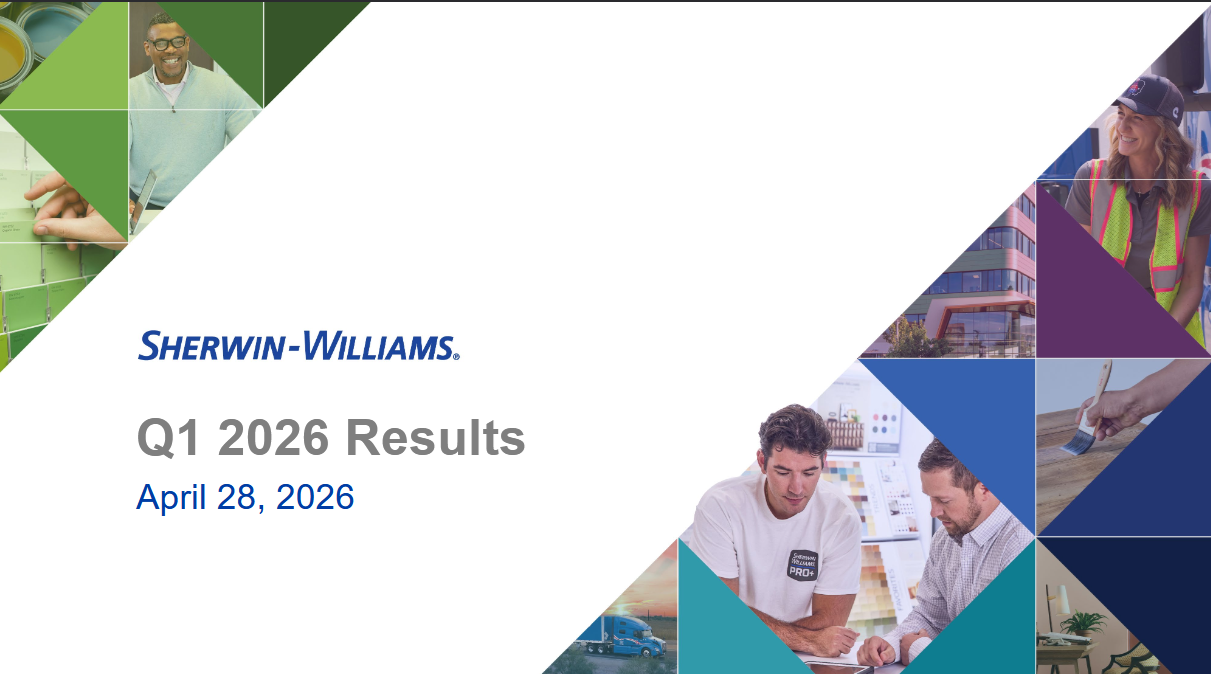 Sherwin-Williams Q1 2026 Results presentation cover dated April 28, 2026, featuring the company logo and images of workers and construction scenes