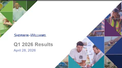 Sherwin-Williams Q1 2026 Results presentation cover dated April 28, 2026, featuring the company logo and images of workers and construction scenes