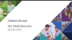 Sherwin-Williams Q1 2026 Results presentation cover dated April 28, 2026, featuring the company logo and images of workers and construction scenes
