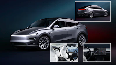 Silver electric SUV with modern design shown from side angle, featuring white interior seats, digital dashboard display, and rear lighting details