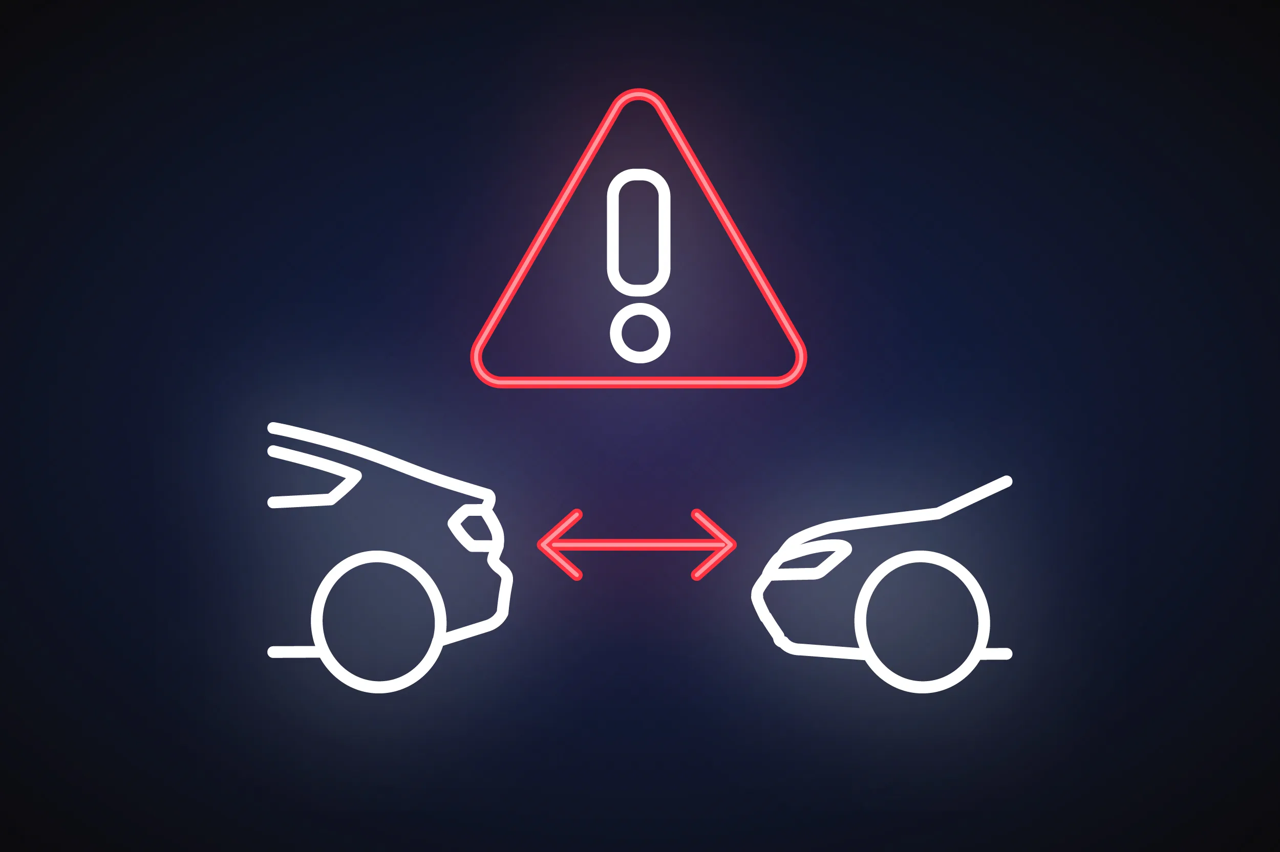Neon warning icon showing two cars with collision alert and distance measurement indicator