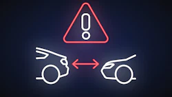 Neon warning icon showing two cars with collision alert and distance measurement indicator