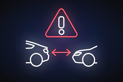 Neon warning icon showing two cars with collision alert and distance measurement indicator