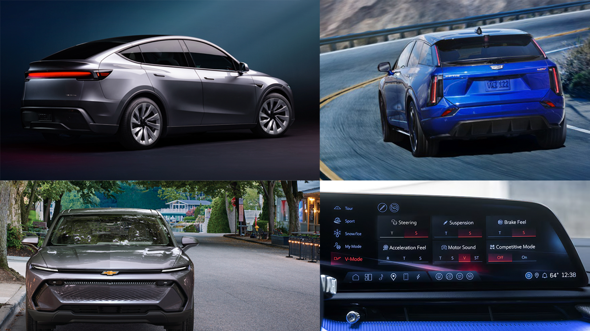 Four electric vehicle models showcasing Cadillac's EV lineup from different angles and driving scenarios