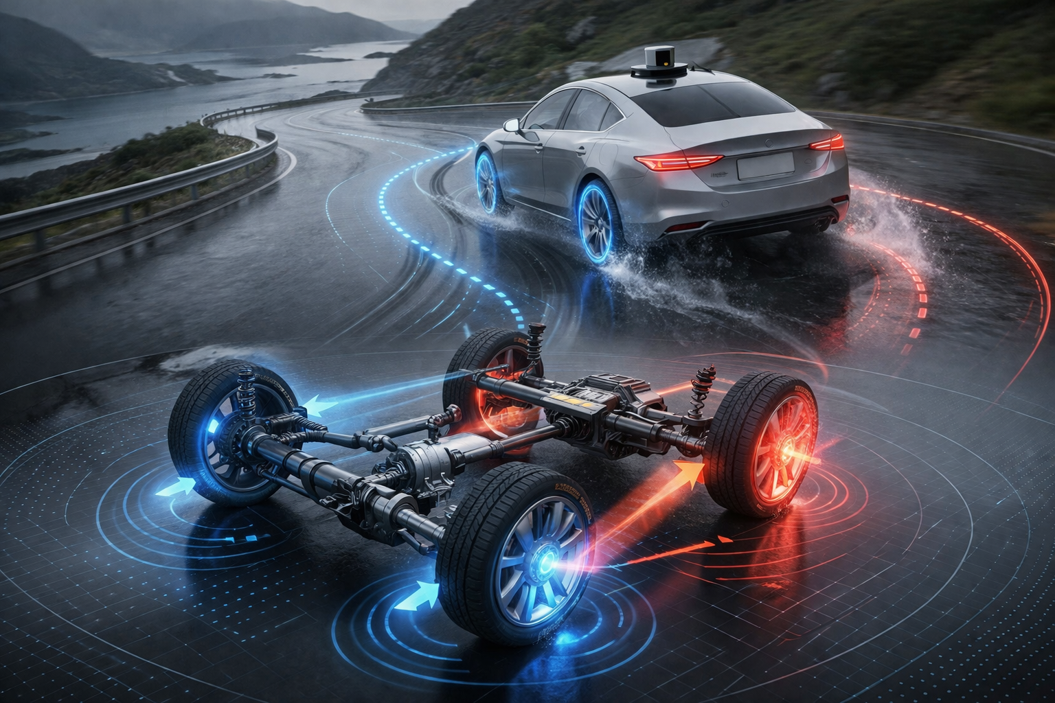 Autonomous vehicle technology visualization showing sedan with sensor mapping and exposed drivetrain components on mountain road