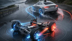 Autonomous vehicle technology visualization showing sedan with sensor mapping and exposed drivetrain components on mountain road