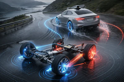 Autonomous vehicle technology visualization showing sedan with sensor mapping and exposed drivetrain components on mountain road