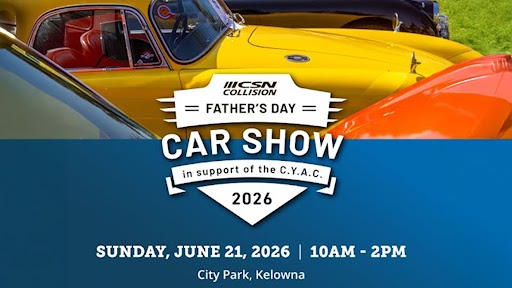 Father's Day Car Show poster featuring classic cars and event details for June 21, 2026 at City Park Kelowna