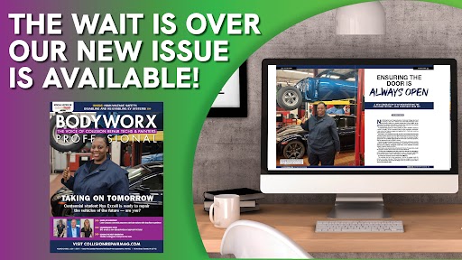BodyWorx magazine new issue announcement with desktop display showing article preview and coffee cup on wooden desk