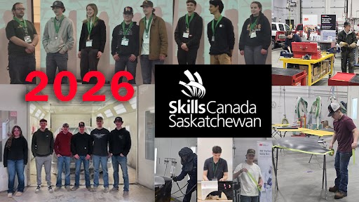 Skills Canada Saskatchewan 2026 logo with event photos featuring participants and workshop activities