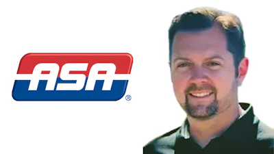 ASA American Softball Association logo with red and blue swoosh design next to professional headshot of smiling man