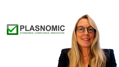 Plasnomic logo with green checkmark and tagline 'Standards. Compliance. Innovation' alongside professional headshot
