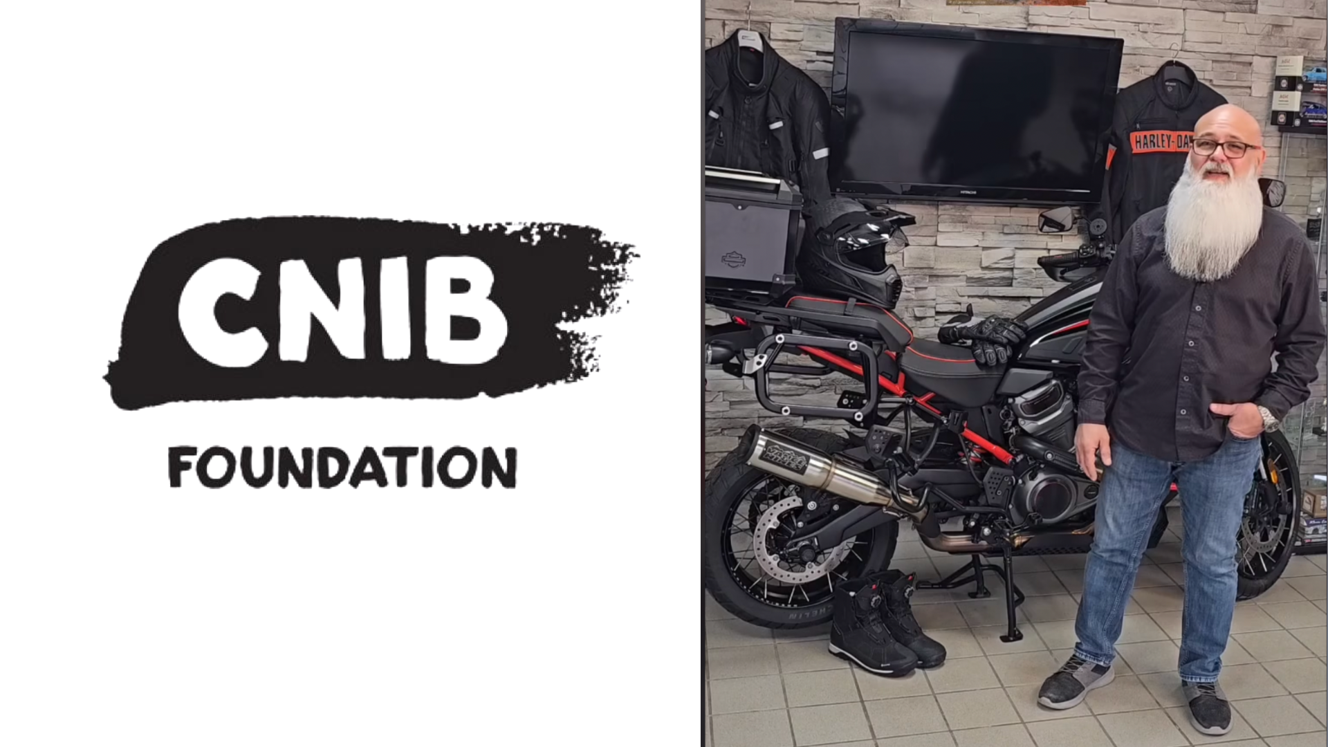 CNIB Foundation logo with brushstroke design and man with white beard standing beside red and black motorcycles in workshop