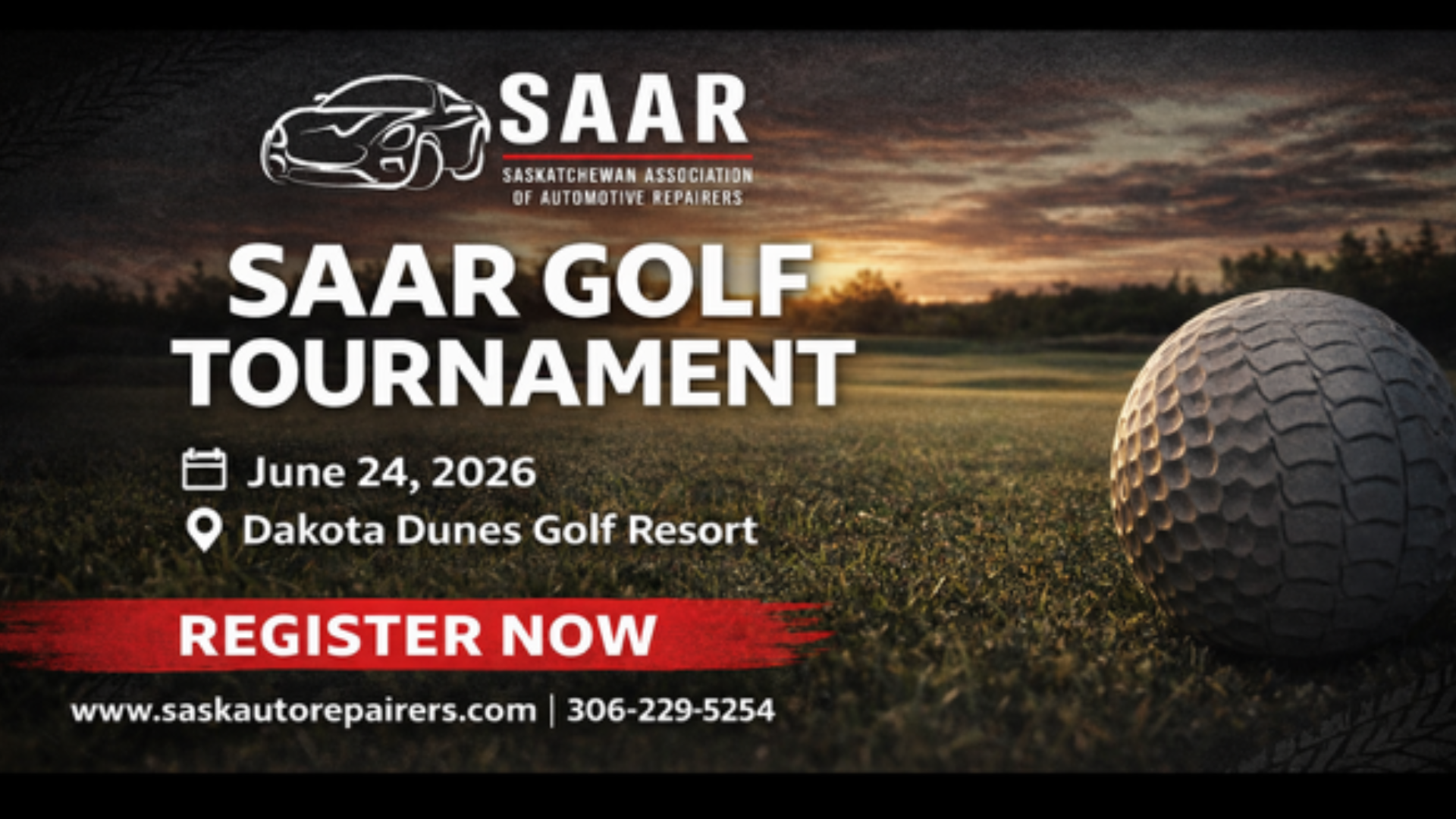 SAAR Golf Tournament promotional poster for June 24, 2026 at Dakota Dunes Golf Resort with registration details