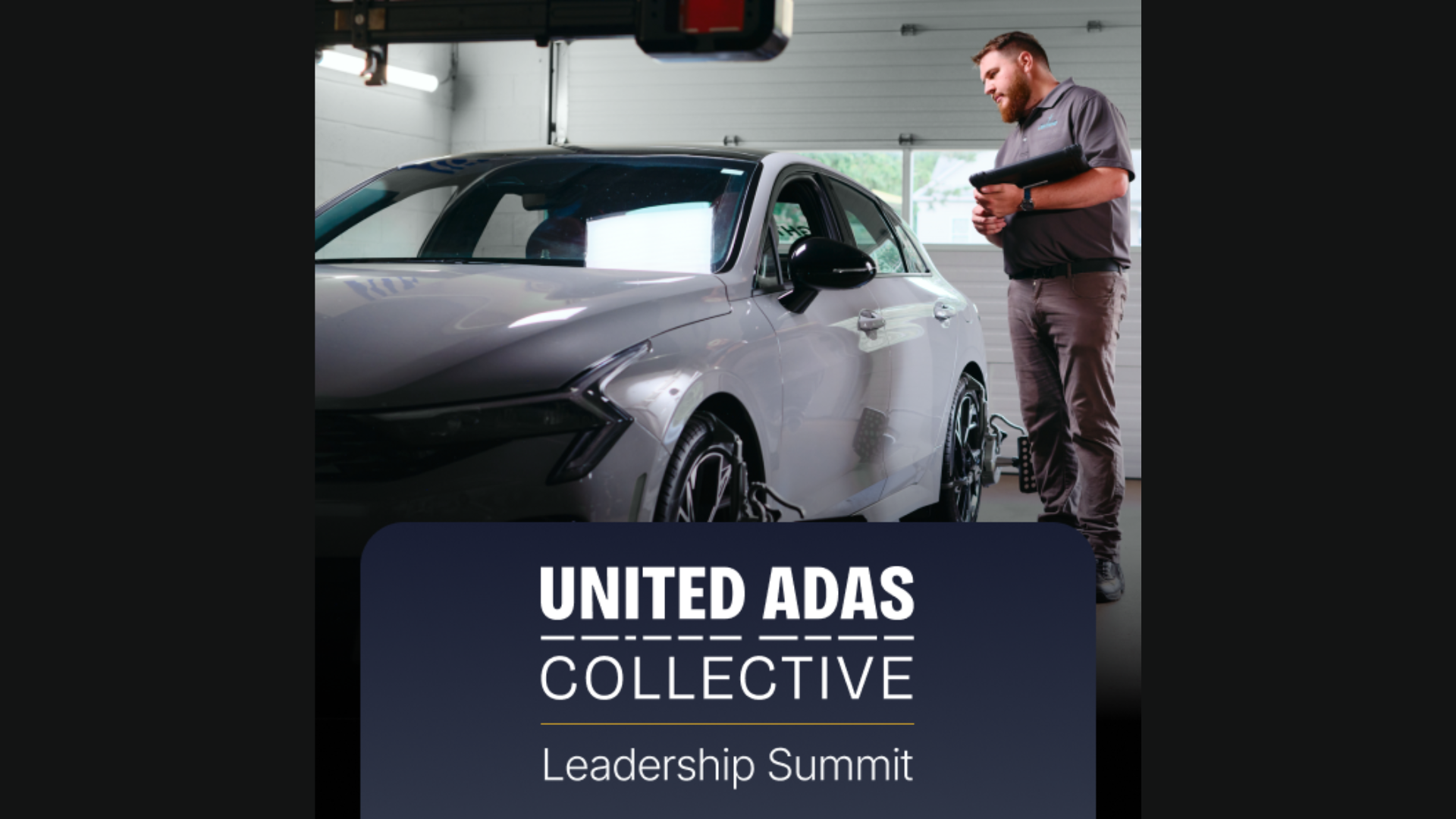Technician inspecting white vehicle in garage with United ADAS Collective Leadership Summit branding