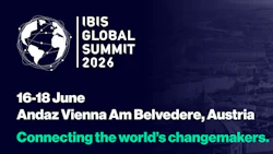 IBIS Global Summit 2026 logo featuring a geometric globe icon with event details: June 16-18 in Vienna, Austria