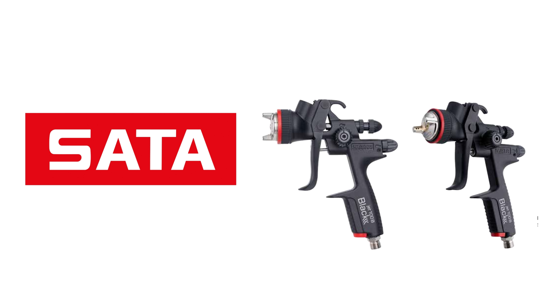 SATA logo with professional spray gun products in black and red