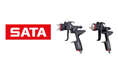 SATA logo with professional spray gun products in black and red